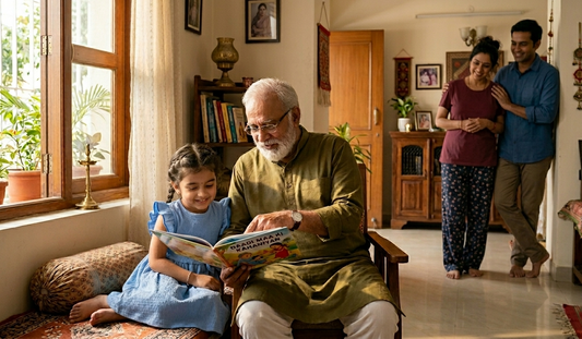 Grandfather reading book with child while parents watching