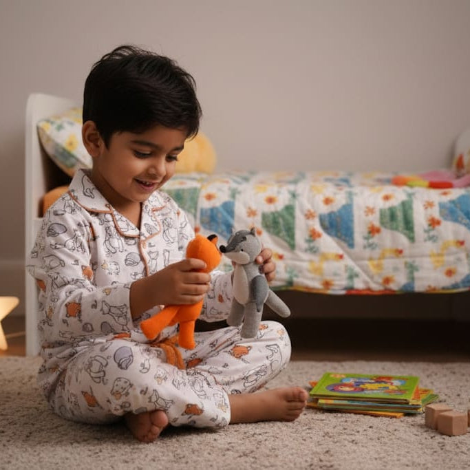 kids button-down night suit set breathable nightwear in animal print