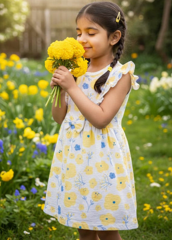 Yellow Spring Frock for toddlers and kids with ruffle sleeves